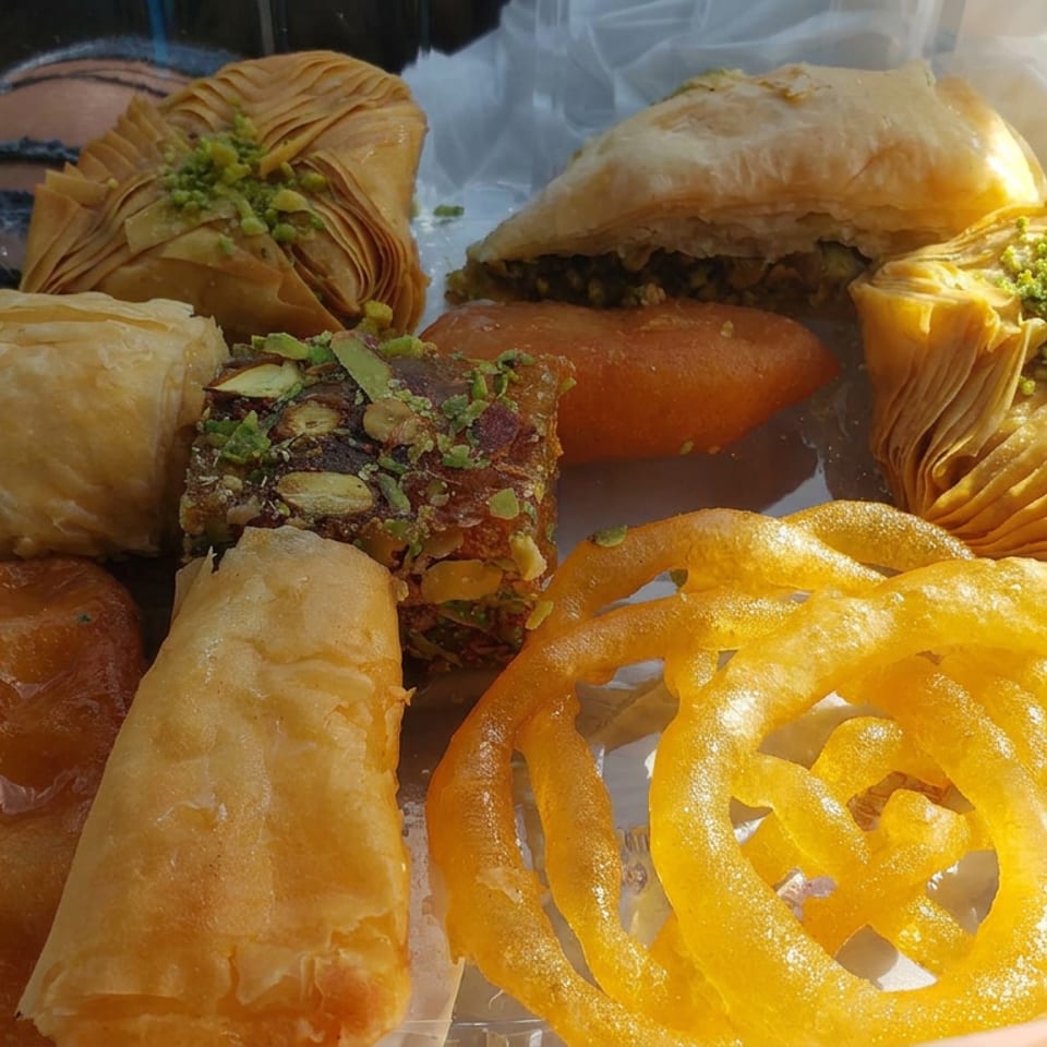 Assortment of golden Middle Eastern pastries, including baklava, filled phyllo rolls, and spiral jalebi, arranged in a clear container.
