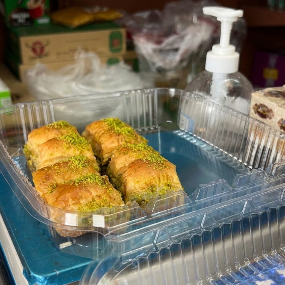 Tray of golden pistachio-topped pastries displayed in clear packaging beside boxed sweets and a hand sanitizer bottle.